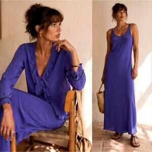 Silk 2 Pc Set Purple Beaded Ruffle Jacket VNTG A-Line Maxi Slip Dress Jones NY 8